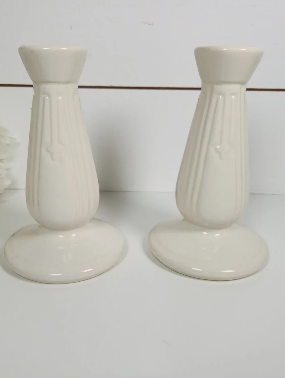 Vintage Pair of White Ceramic Pottery Candlestick Holders,  Art Deco Design